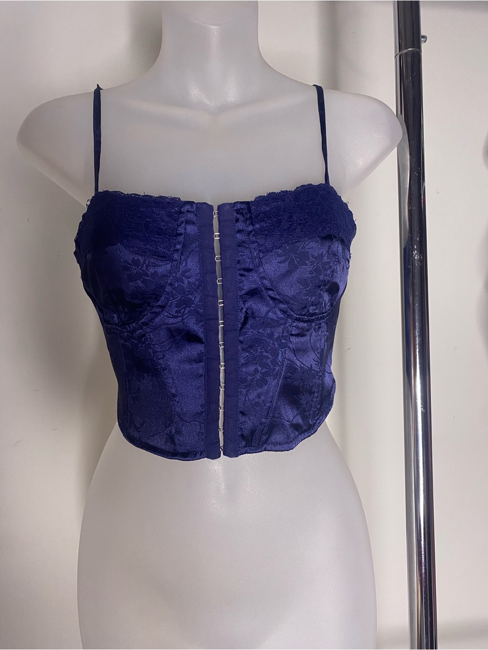 La Hearts Navy Lace-Trim Satin Bustier Crop Top